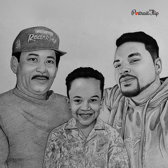 Charcoal drawing of a father with his two sons